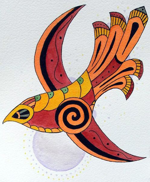 Эскиз татуировки полинезия "Птица" в цвете