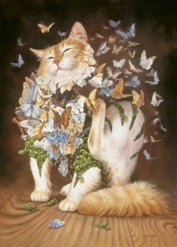 Эскиз кошка с бабочками