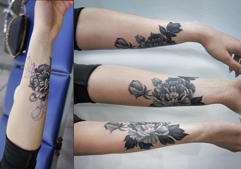 Обновление татуировки пион на руке