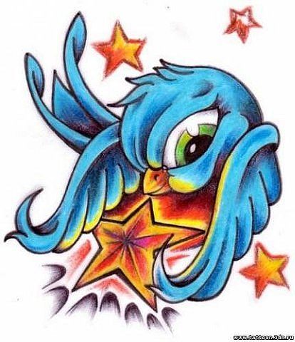 Эскиз татуировки синяя птица со звездой ньюскул