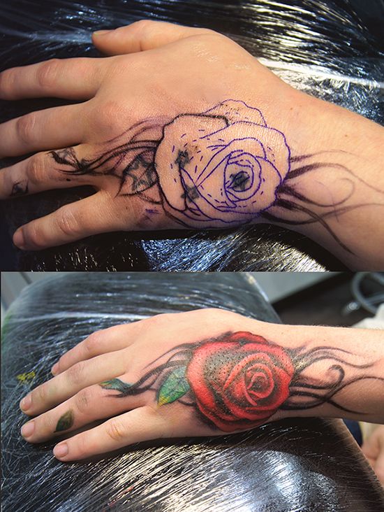 Татуировка кавер-ап на кисти роза