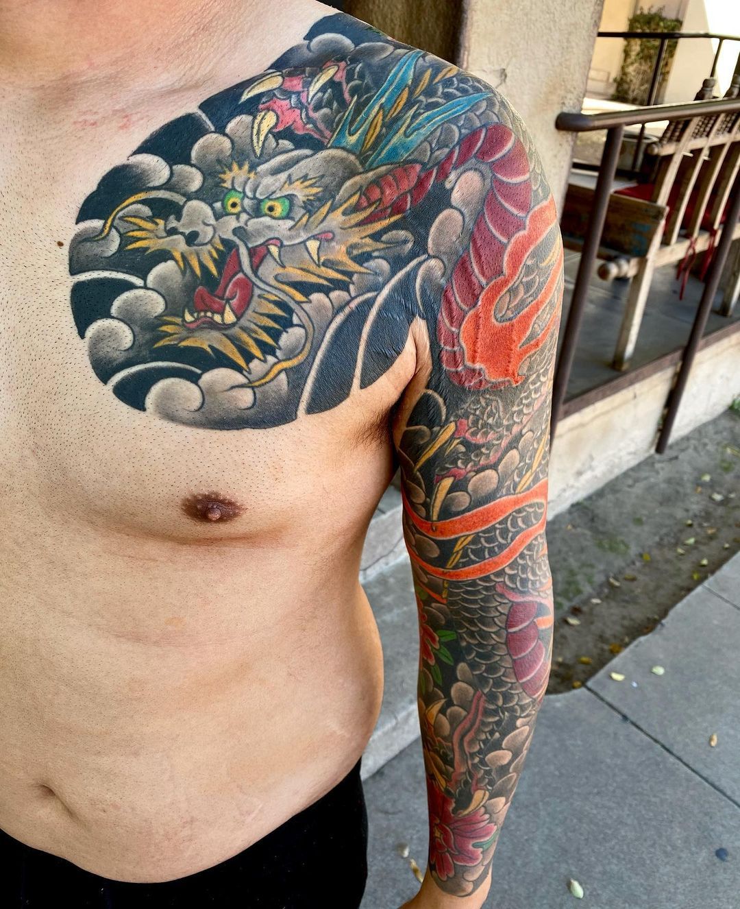 цветная тату рукав в японском стиле