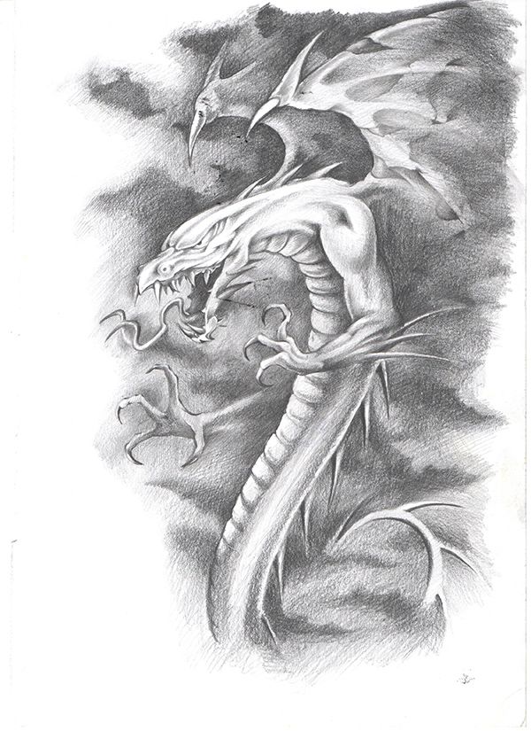 Эскиз татуировки дракон в черно-белой технике
