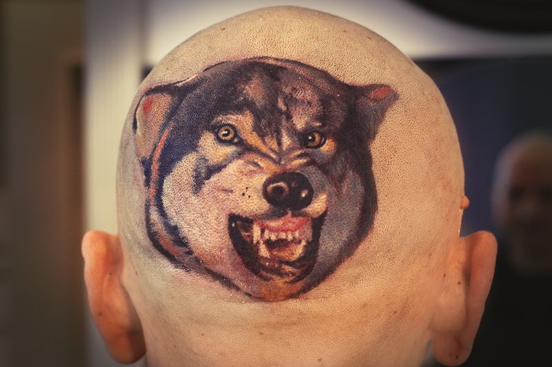 Татуировка оскал волка на затылке