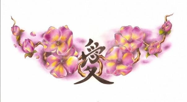 Японский иероглиф с цветами сакуры