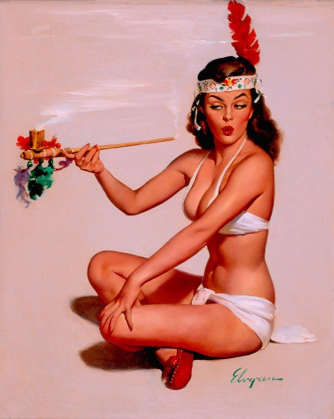 Девушка с индейской курительной трубкой pin-up