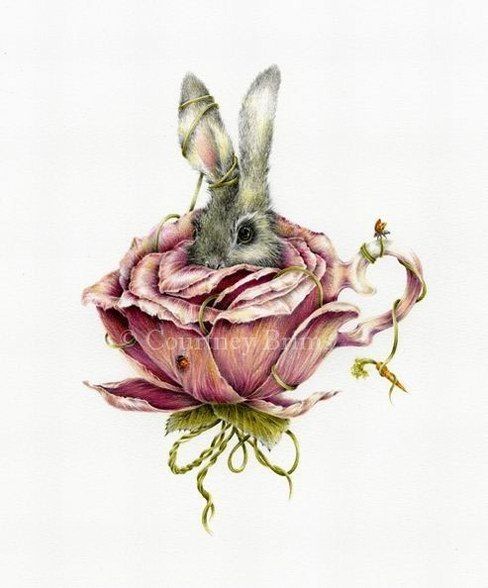 Эскиз женской тату кролик в цветке розы