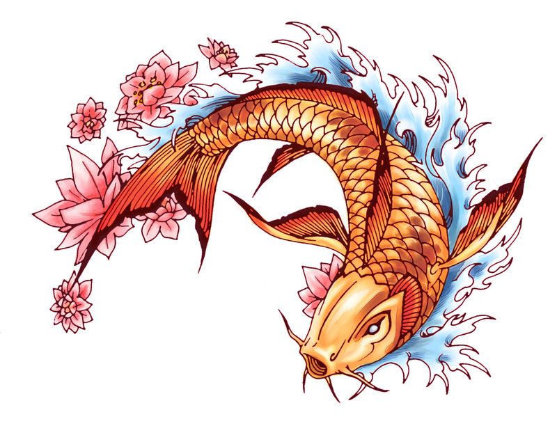 Эскиз женского тату рыба и сакура