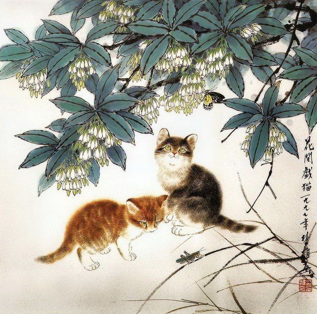 Эскиз женской тату котята в стиле китайской живописи