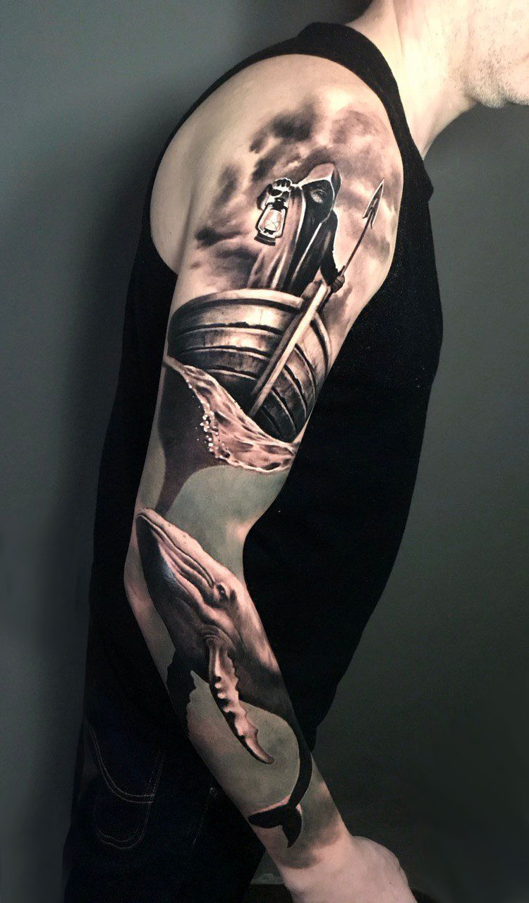 Тату рукав корабль и кит