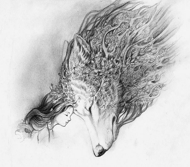 Эскиз татуировки волчица и дитя