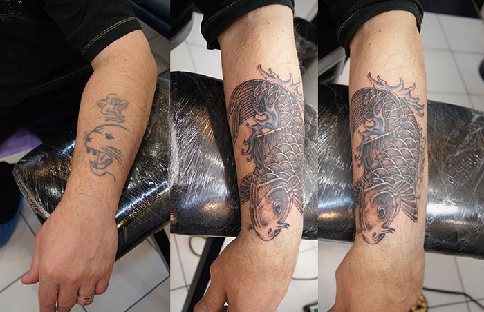 Перекрытие татуировкой японский карп