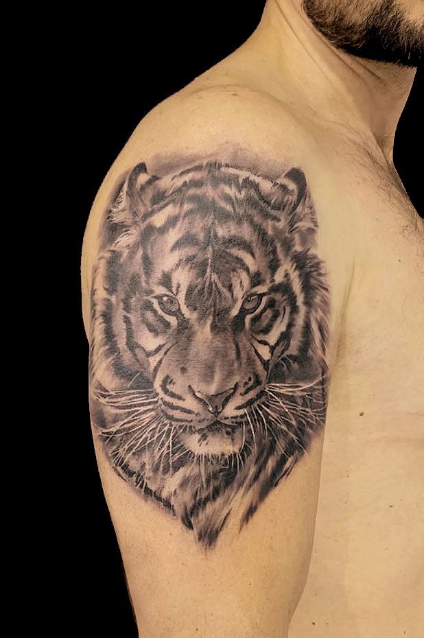 Татуировка черно-белый тигр на плече