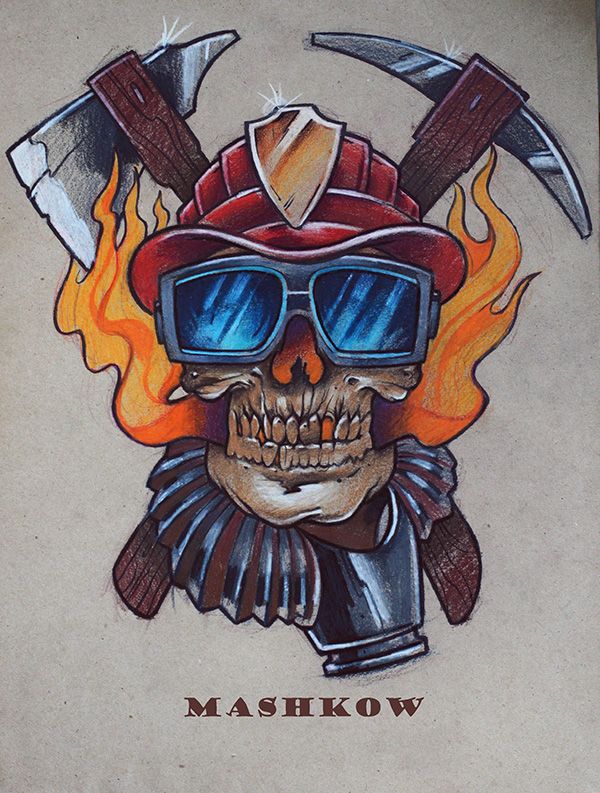 Эскиз татуировки череп пожарного