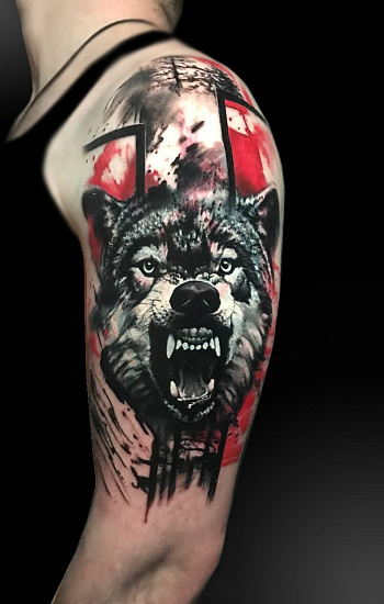 Тату волк с оскалом треш полька