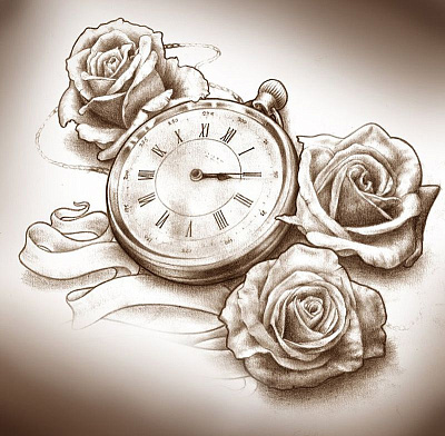 Эскиз татуировки Old & New school розы с часами