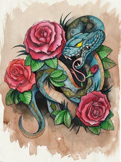 Тату Old & New school - эскиз розы со змеей