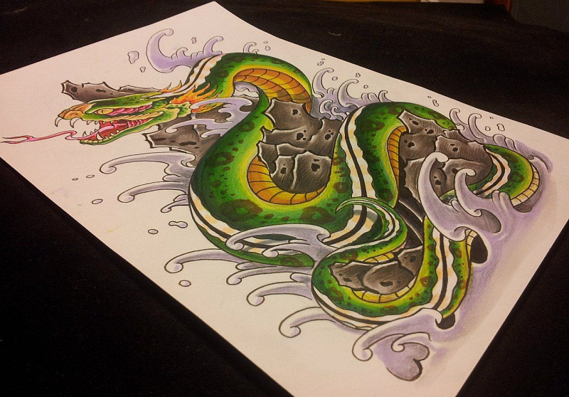 Эскиз татуировки зеленая Змея