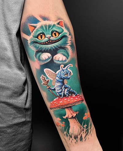 Тату чеширский кот и гусеница
