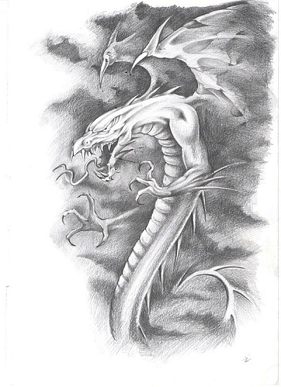 Эскиз татуировки дракон в черно-белой технике