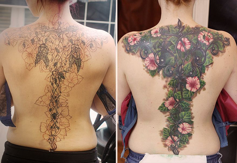 Татуировка цветочный узор на спине - перекрытие
