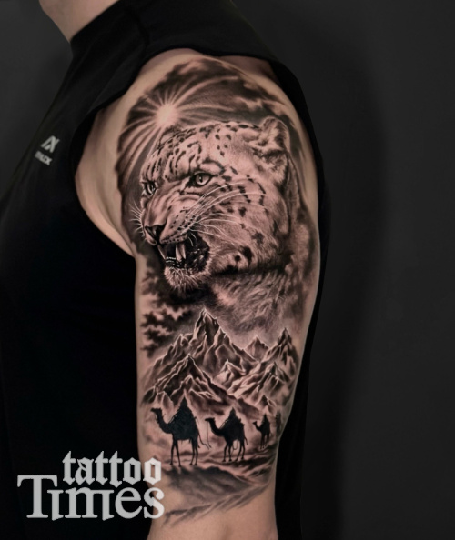 Тату снежный барс и пустыня