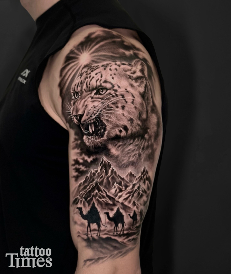 Тату снежный барс и пустыня