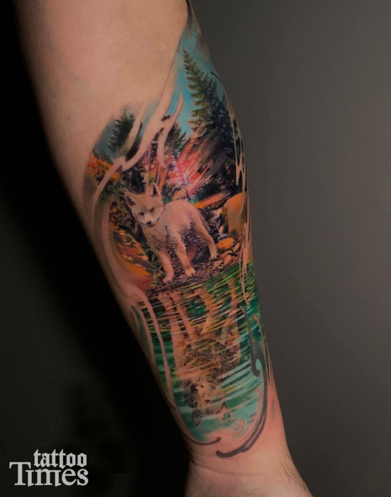 Тату волк и волченок