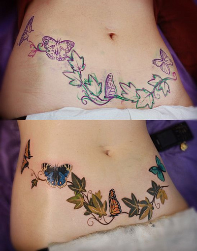 Татуировка цветы на шрамах на животе