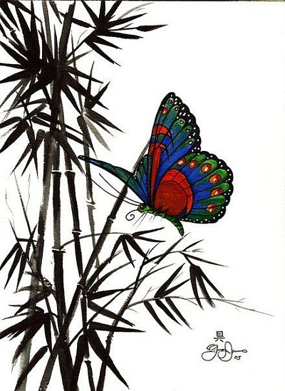 Эскиз Бабочка на ветвях бамбука