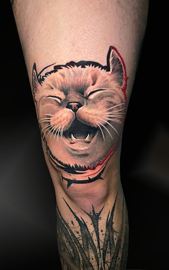 Тату кот на колене
