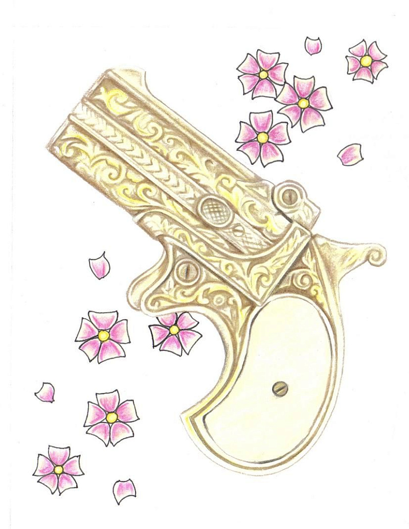Эскиз женского тату сакура и золотой револьвер