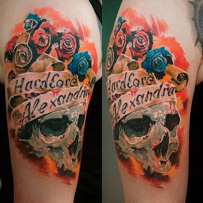 Татуировка череп с розами и надписью